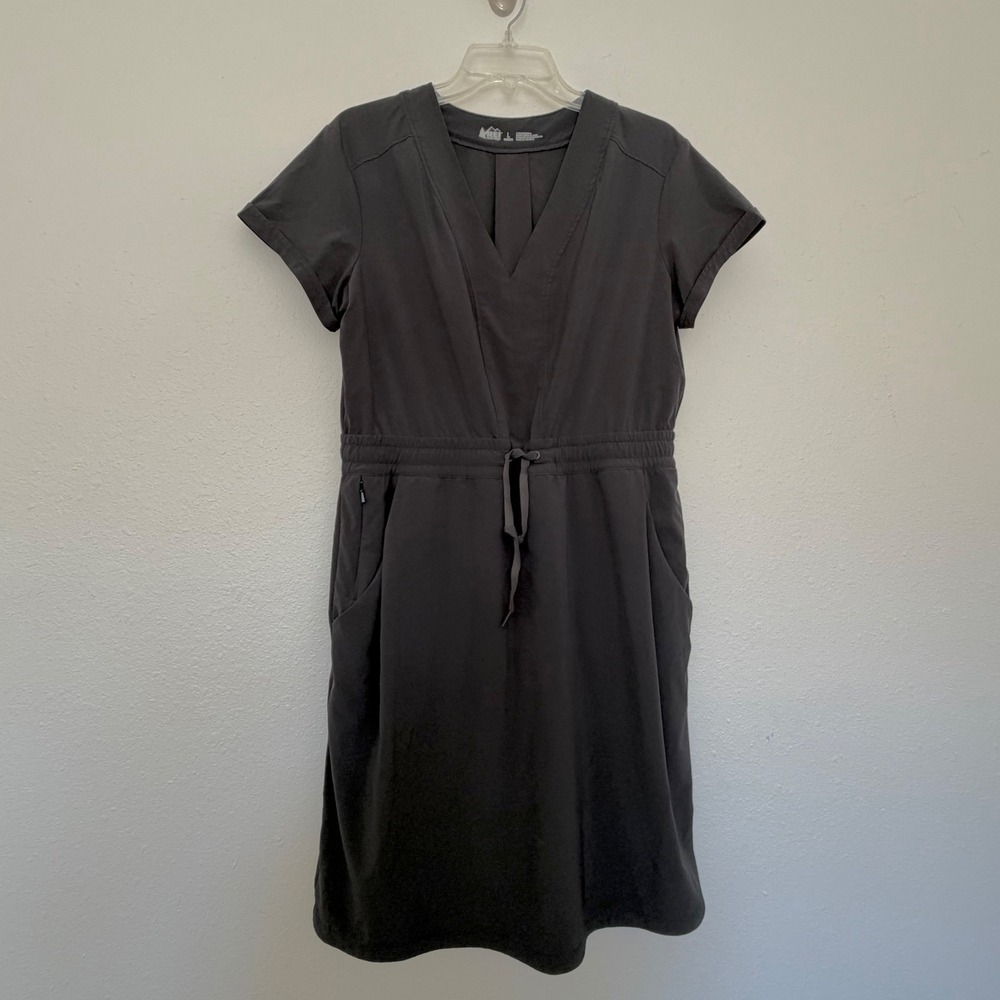 REI Co-op Womens A-Line Hiking Dress Black V-Neck Drawstring Waist Large
